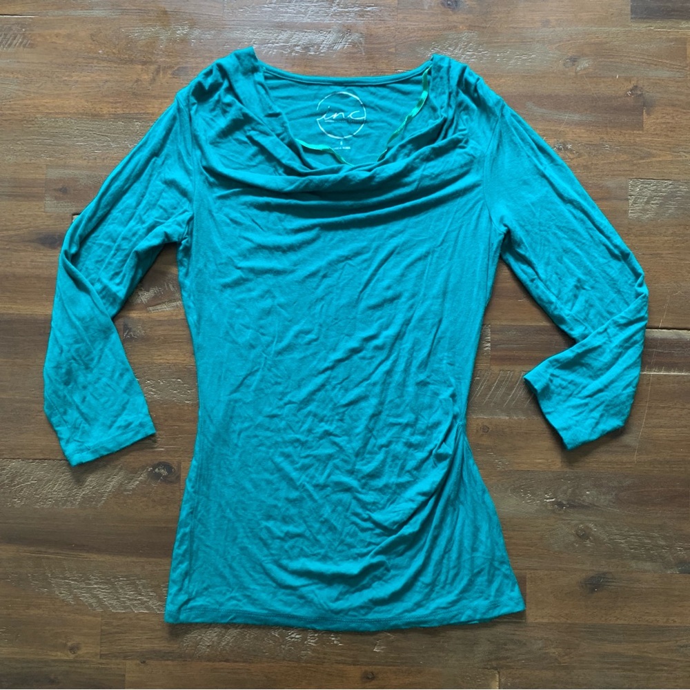 ✅ INC womens emerald green cowl / draped neck blouse super soft 3/4 sleeves